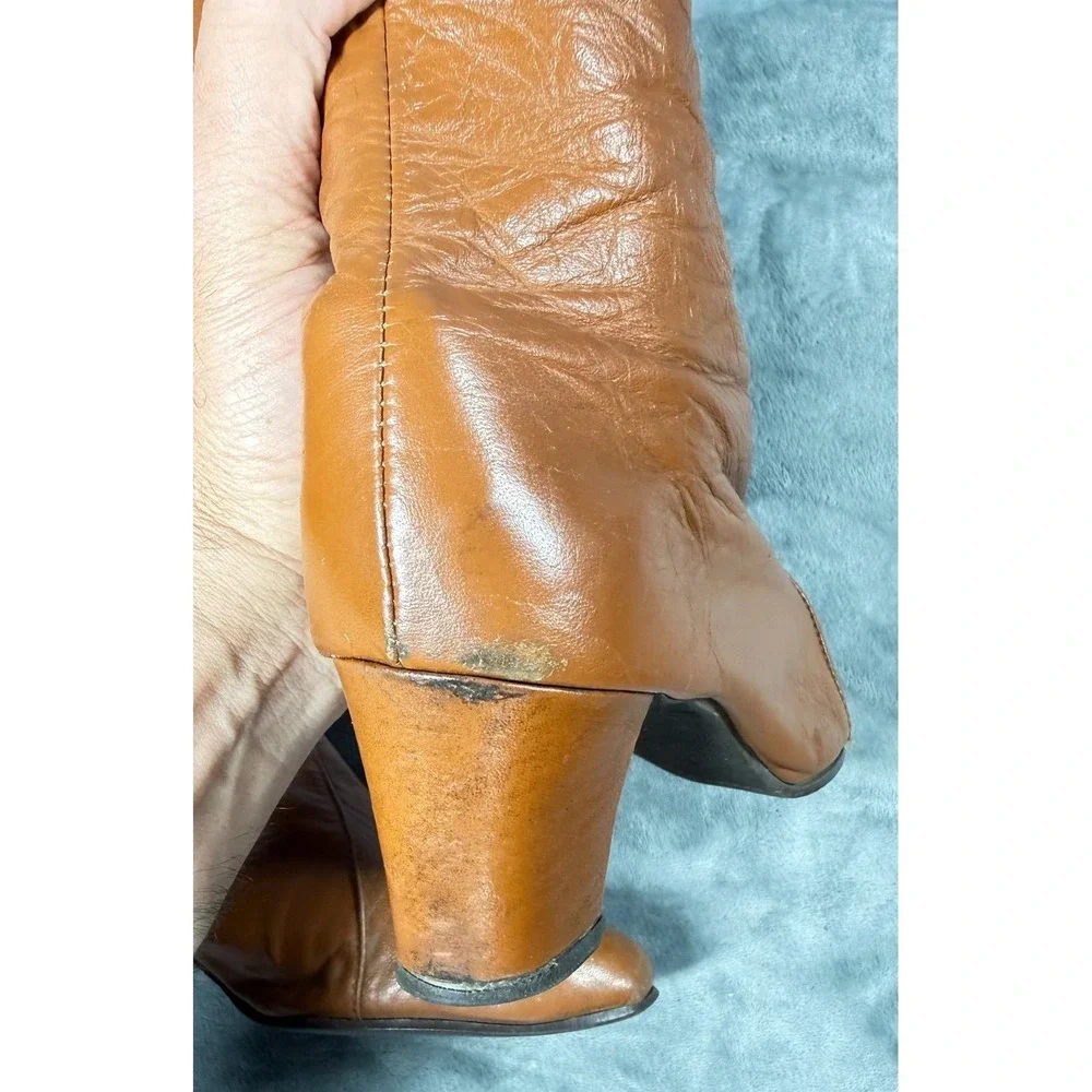 Vintage Revlations Boots Womens 8M Cognac Leather Knee High Zip 70s